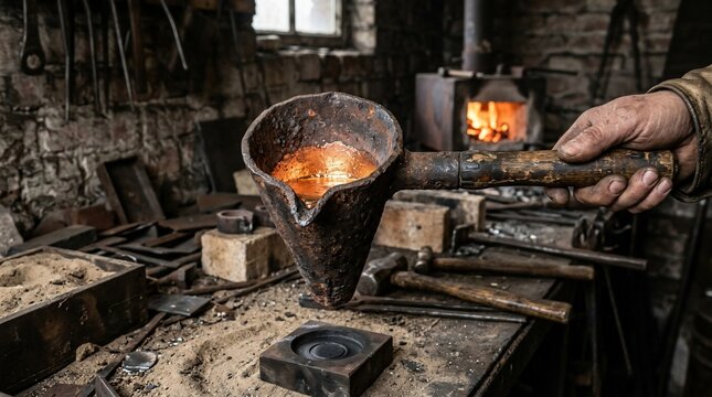 Blacksmith pouring molten metal into a mold in workshop
