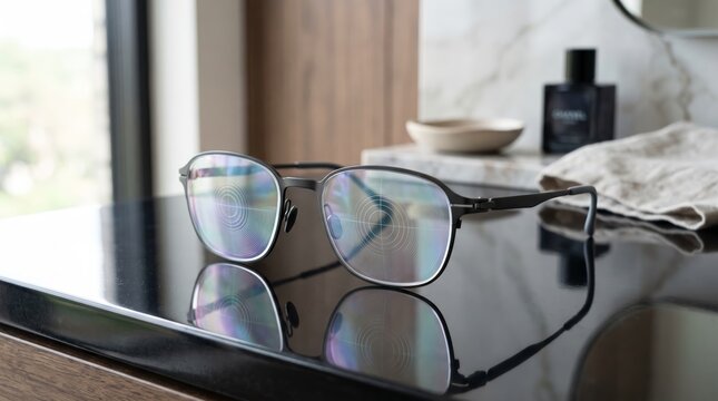 Progressive eyeglasses with lens markings on a reflective surface