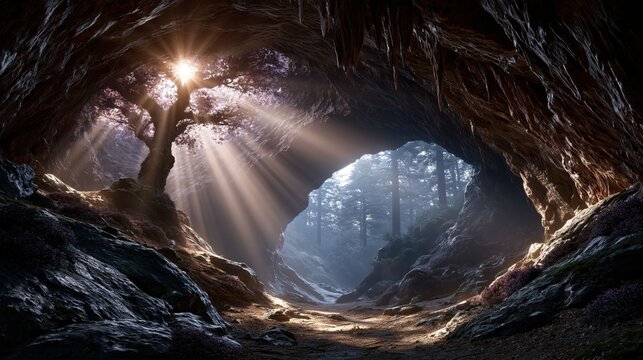 Light filters into cave from outside, highlighting a tree at center. scene shows rocks and greenery in forest. Sunlight creates a bright atmosphere