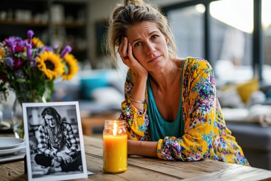 woman sits at table with candle and bouquet of flowers. She looks thoughtful while gazing at photo. room is bright and has cozy atmosphere with soft furniture