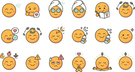 Fototapeta premium Self care emoji icon set, 18 wellness and skincare emoticons, flat vector illustrations for mental health and beauty routines
