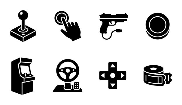 Retro Arcade Game Icons, Vintage Joystick, Gun Controller, Steering Wheel, D-Pad, Coin Slot, Game Machine, Cassette Tape Vector Set