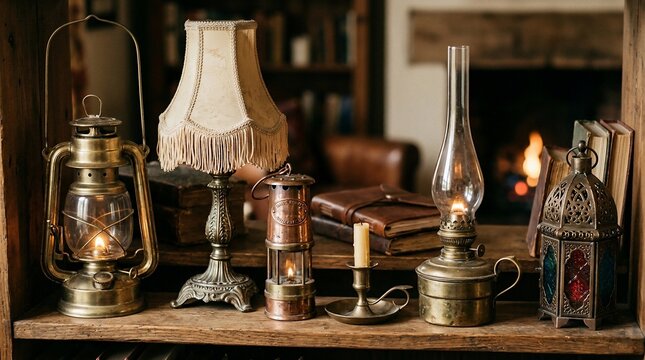 Vintage antique lamps and books on a wooden shelf