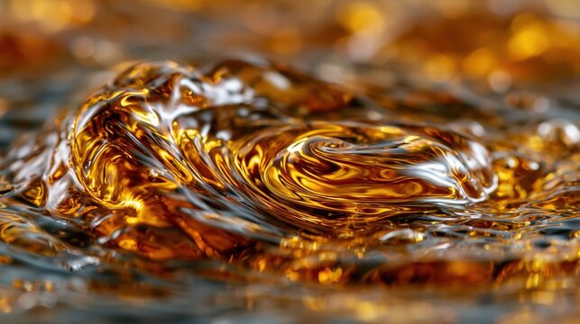 Water moves in swirling patterns in an amber liquid. bright daylight shows texture and color of liquid. This scene captures movement and light reflection