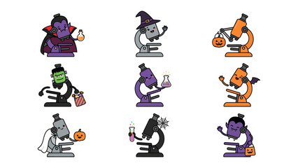 Fototapeta premium Halloween Microscopes: A collection of whimsical microscopes adorned in Halloween costumes, including Dracula, Frankenstein, a witch, and a ghost, ready for a spooky scientific experiment.