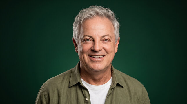 Mature Man Smiling Portrait Against Green Background
