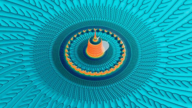 Detailed digital art exhibits intricate red and blue patterns that transition into mesmerizing spiral shapes through a complex display of repeating radial symmetry and structural color layers