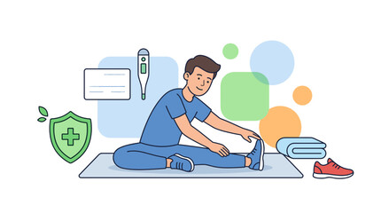 Obraz premium Man stretching on mat with health symbols flat design vector