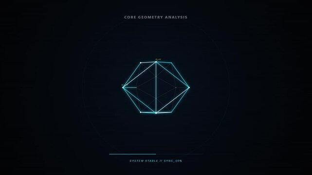 Abstract geometric data analysis interface with rotating polygon wireframe