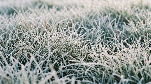 Nahaufnahme einer frostbedeckten Wiese mit Eiskristallen im Morgenlicht