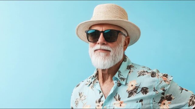 A stylish senior man with a beard wearing sunglasses and a straw hat poses against a blue background, exuding confidence and summer vibes in each frame of this video.