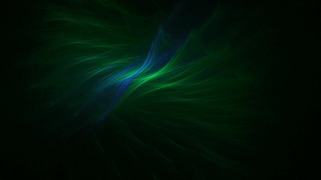 Smooth abstract green and blue fractal smoke waves flowing slowly. Elegant glowing gas nebula, cosmic energy particles moving in the dark, digital fluid motion graphic.