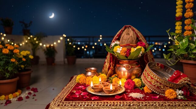 Karva Chauth, sacred kalash adorned with fresh flowers beside glowing diyas and a beautifully decorated ceremonial sieve under soft moonlight