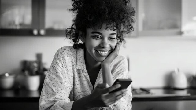 Black and white video of smiling woman in kitchen. She holds phone with one hand, resting chin on other. Curly hair frames her face. Soft lighting highlights her joyful expression