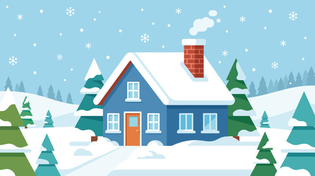 Blue House Covered in Snow with Pine Trees.