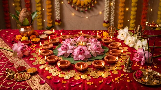Kojagari Lakshmi Puja, beautifully arranged glowing clay diyas illuminating blooming lotus flowers and shimmering gold coins on a rich red festive backdrop