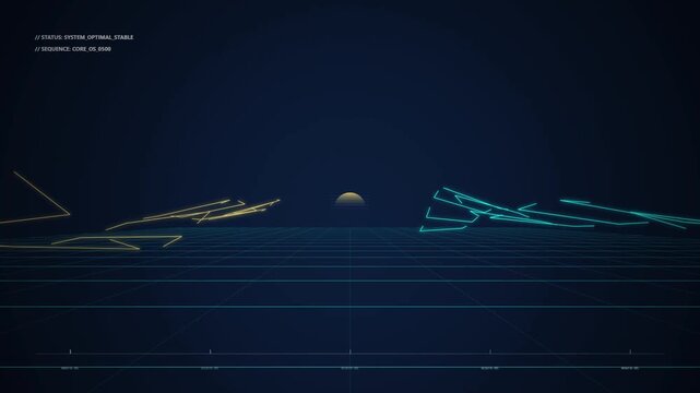Retro futuristic neon grid landscape with glowing sunset and wireframe