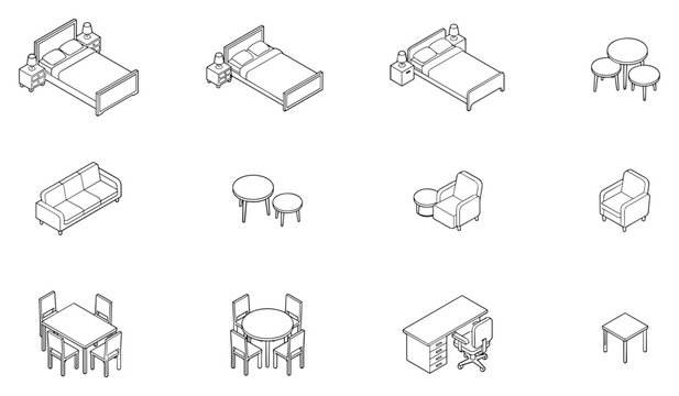Collection of isometric line drawing furniture icons showcasing beds with nightstands sofas armchairs tables and chairs for interior design concepts