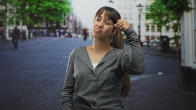 Young woman touching temple with her hand and tugging hair while pouting on a city street; skepticism introspection.