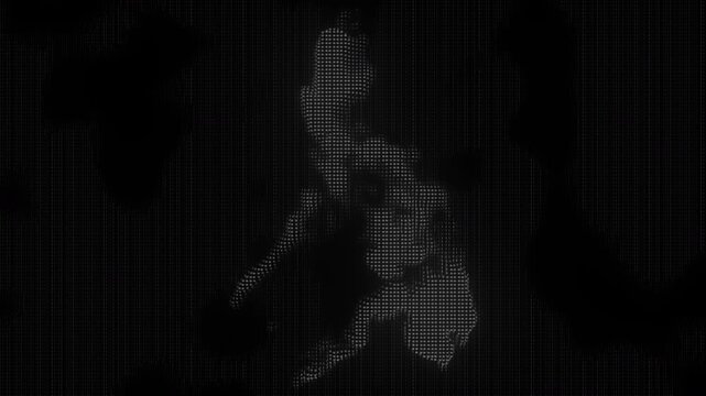 Glowing dotted map of the Philippines on dark LED screen, digital halftone technology background, seamless loop