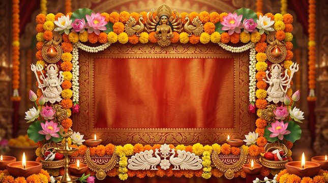 Navratri, premium floral border made of fresh marigold flowers, lotus blossoms, mango leaves and golden ornaments framing a rich red festive background
