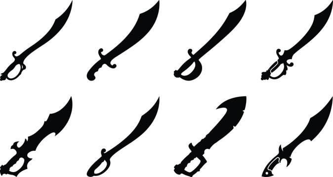 Fantasy Curved Sword and Saber Silhouette Set with Medieval Blade Vector Icons