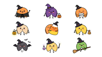 Obraz premium Happy Halloween Fortune Cookie Characters Collection: A delightful set of nine kawaii-style fortune cookie characters adorned with witch hats and various Halloween accessories.