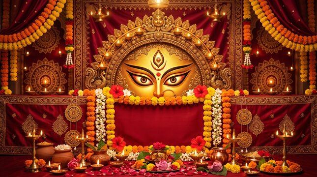 Durga Puja, luxurious red and gold festive background featuring elegant artistic Goddess Durga eyes, glowing golden mandala ornaments