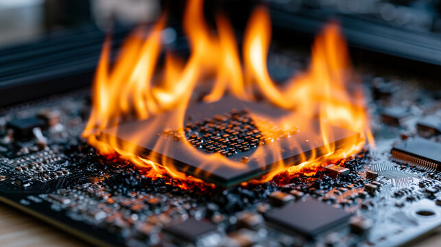 Detailed macro view of a burning processor chip on a modern motherboard, vivid orange flames surrounding the CPU, damaged electronic traces, realistic computer hardware overheating and system failur