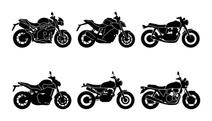 Motorcycle Silhouettes Collection, Six Vector Icons of Diverse Bike Styles, Transportation and Speed Graphics © Diganto