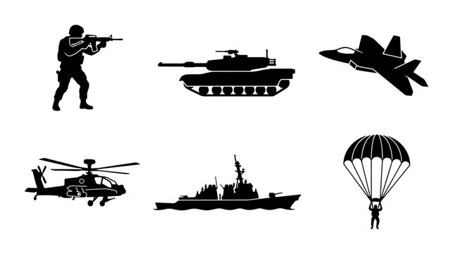 Military Icons Set: Soldier, Tank, Jet, Helicopter, Warship, Paratrooper, Vector Graphics