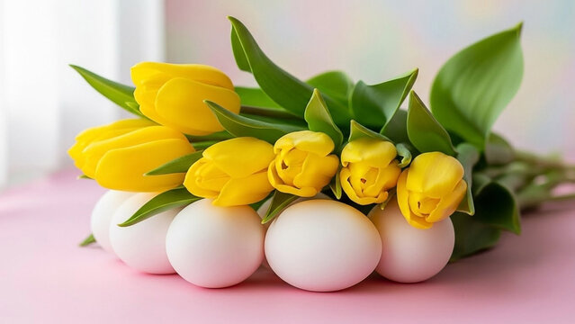 Easter Spring Tulips and Eggs on Pink Background