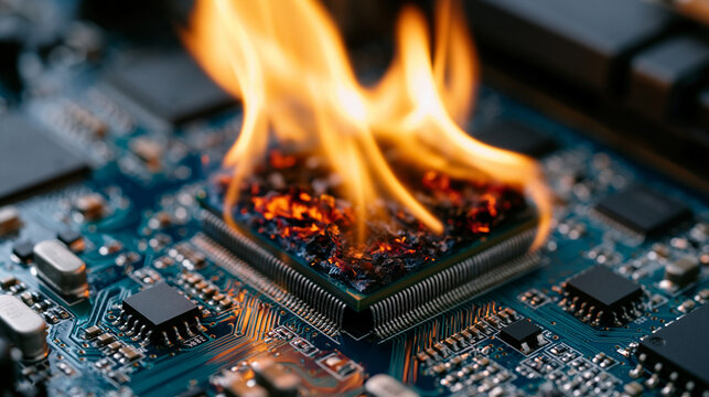 Extreme close up of a computer CPU burning with bright flames on a high performance circuit board, scorched microchips, damaged PCB traces, realistic overheating electronics concept, ultra photoreal