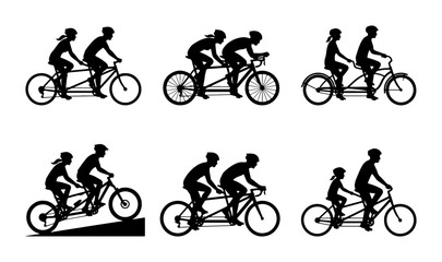 Obraz premium Tandem Bicycle Silhouettes, Couples Cycling Together, Vector Icons for Sport and Lifestyle