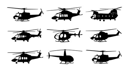 Helicopter Silhouettes Collection, Aviation Icons, Military and Civilian Aircraft Vector Set © Diganto