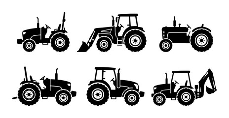 Farm Tractor Icons Set, Agricultural Machinery Silhouettes, Farming Vehicle Collection © Diganto