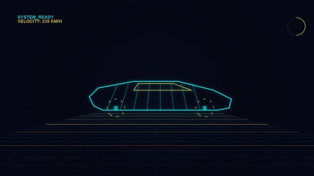 Futuristic car driving through digital virtual reality space simulation