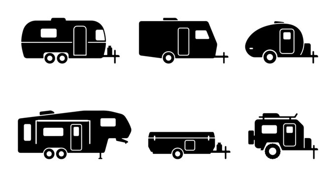 RV Camper Icons, Travel Trailer Set, Camping Vehicle Silhouettes, Outdoor Adventure Vector Graphics
