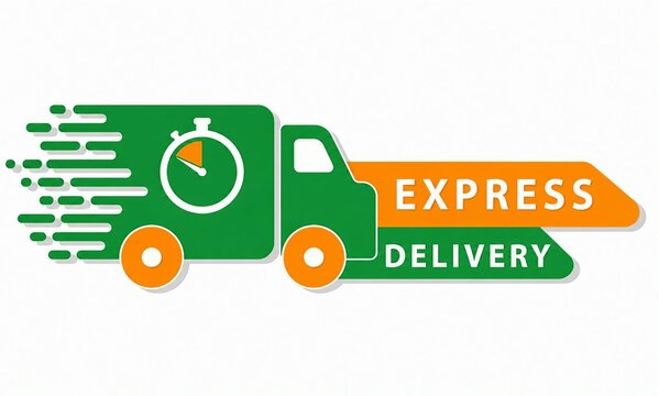 Green delivery truck with express arrow and speed timer icon
