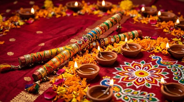 Navratri, sacred kalash adorned with fresh mango leaves and coconut placed on an ornate traditional platform, surrounded by glowing diyas, marigold flowers and delicate rangoli patterns