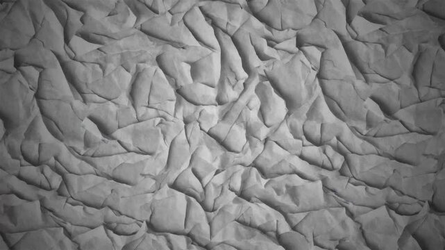 Crumpled and wrinkled white paper texture animation loop with dramatic, high-contrast organic shadows and deep artistic shades across the creased surface