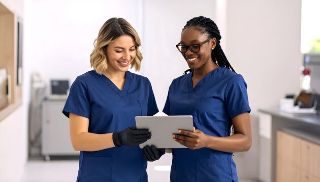 Two diverse female medical professionals wearing blue scrubs look at a digital tablet while standing inside a bright modern clinic