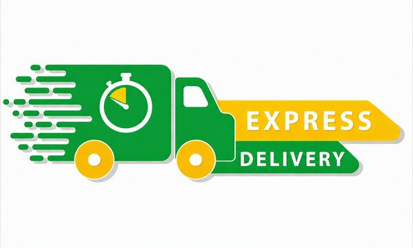 Green delivery truck with express speed timer and motion lines icon