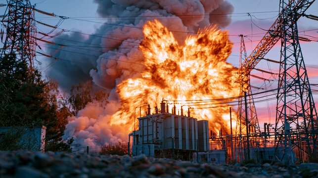 Panoramic view of an electrical substation at sunset with a transformer exploding into a brilliant fireball, thick smoke drifting across the sky, lattice transmission towers and power cables extendi
