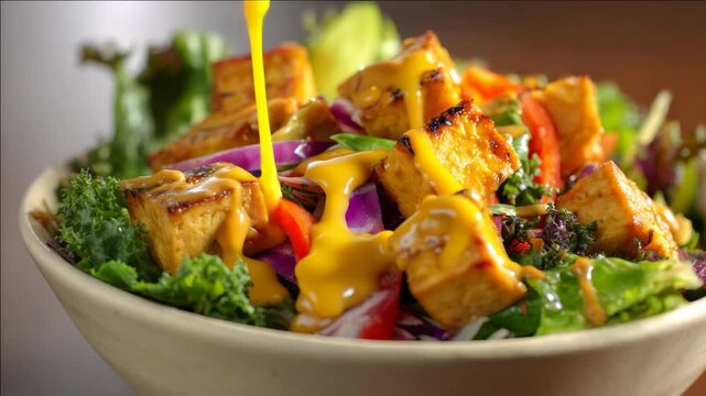 A close-up of a vibrant tofu salad with fresh ingredients and creamy dressing.