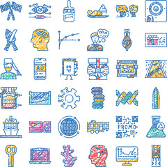 Collection of colorful sketch doodle icons illustrating various concepts from business and technology to travel, medicine, and food, representing a wide range of themes and ideas © sevector