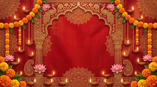Navratri, seamless traditional Indian festive background with intricate golden mandala patterns, marigold flowers, lotus motifs, glowing diyas and subtle red silk texture
