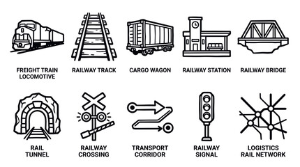 Railway Transportation and Rail Infrastructure Outline Icon Vector Set © irvan