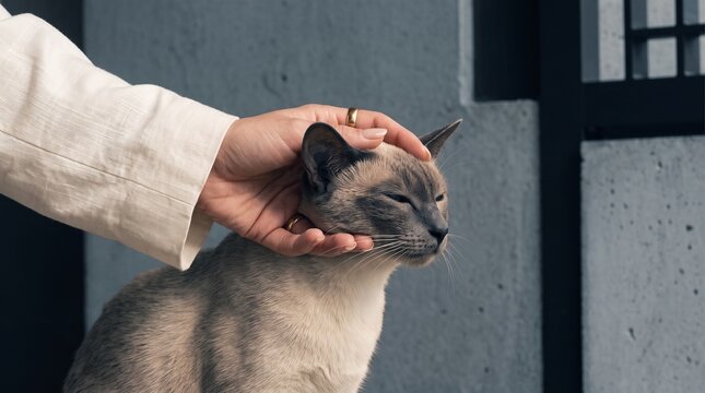 Person Gently Petting Gray Cat Outdoors