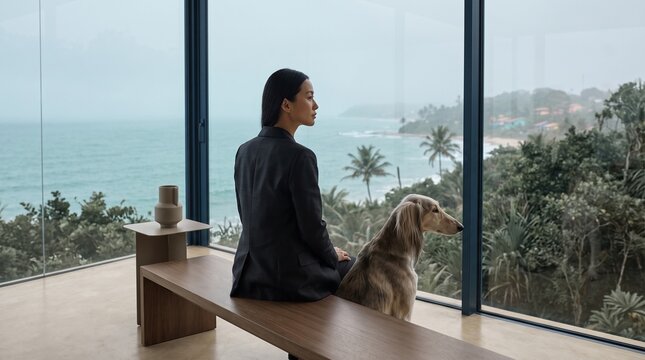 Woman with Dog Contemplating Ocean View from Modern Balcony